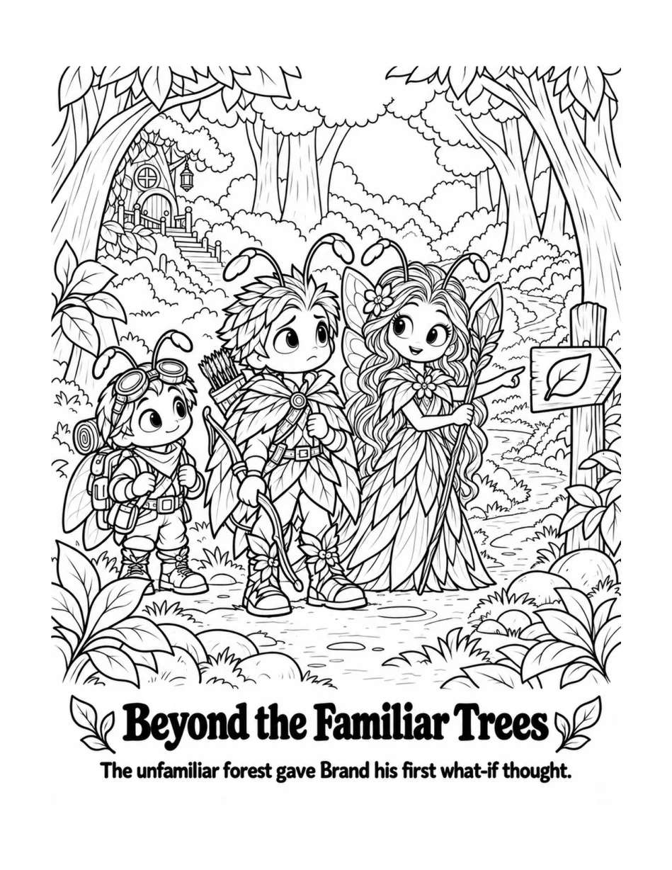 Black-and-white story coloring illustration from The Forest of Worries