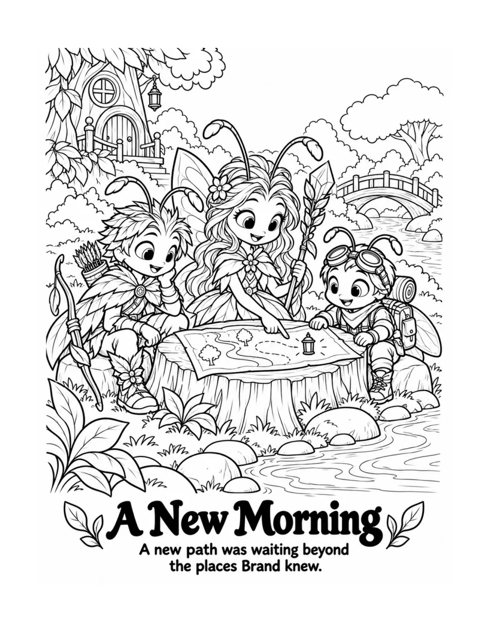 Brand, Crystal and Ivan around a table in Wimblefern, original coloring illustration from Book 2
