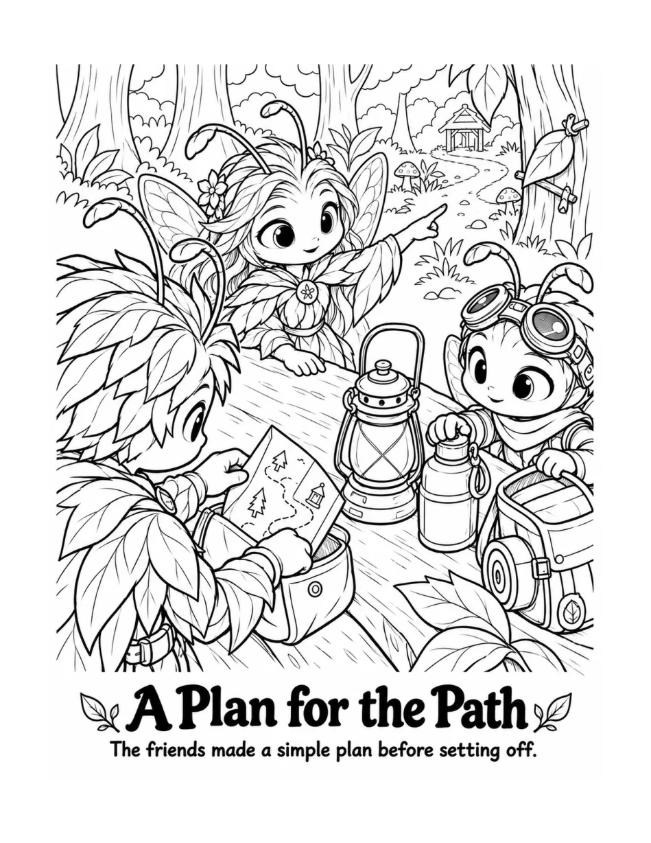Black-and-white story coloring illustration from The Forest of Worries
