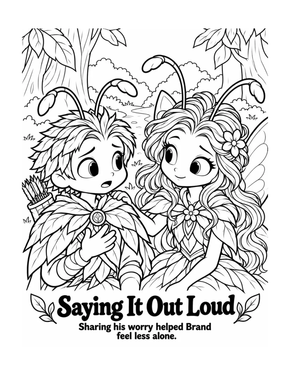 Brand and Crystal talk about worry in an original coloring book scene